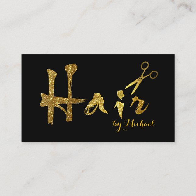 Hair Stylist Gold Scissors Script Salon #7 Business Card (Front)