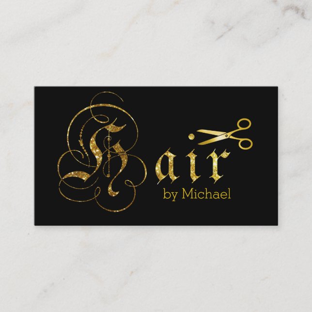 Hair Stylist Gold Scissors Script Salon #8 Business Card (Front)
