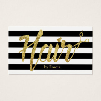 Hair Stylist Gold Script Black White Stripes Business Card