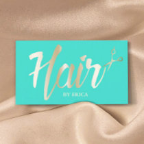 Hair Stylist Gold Script Modern Turquoise Business Card
