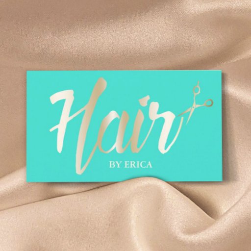 Customizable Hair Stylist Gold Script Modern Turquoise Business Card
