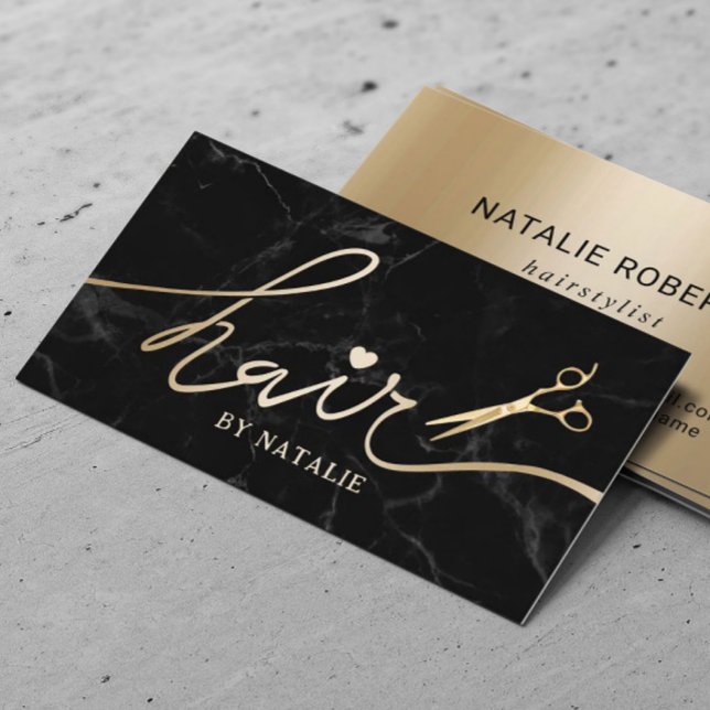 Hair Stylist Gold Script Salon Black Marble Business Card (Creator Uploaded)