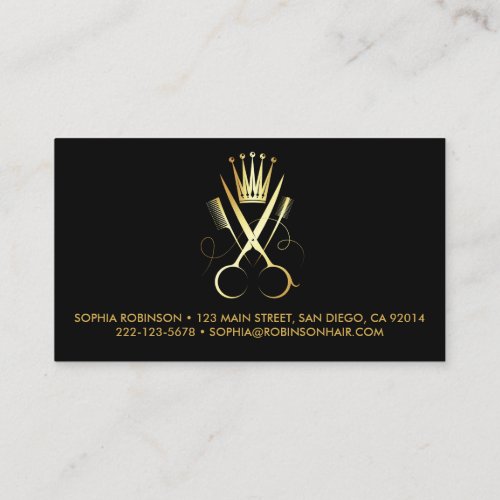 Hair Stylist Gold Script Scissors Comb Crown Business Card