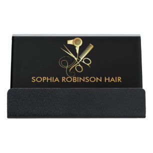 Hair Stylist Gold Script Scissors Comb Dryer Desk Business Card Holder