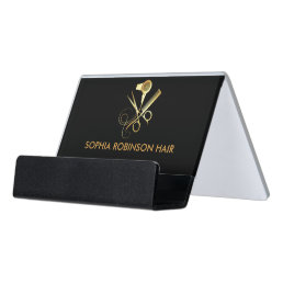 Hair Stylist Gold Script Scissors Comb Dryer Desk Business Card Holder