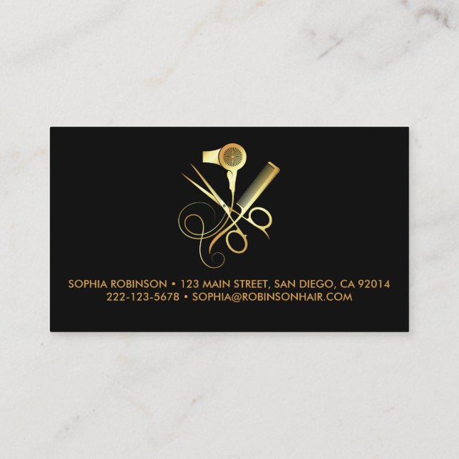Hair Stylist Gold Script Scissors Dryer Comb  Business Card (Back)