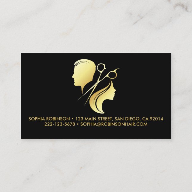 Hair Stylist Gold Script Scissors Unisex Custom Business Card (Back)
