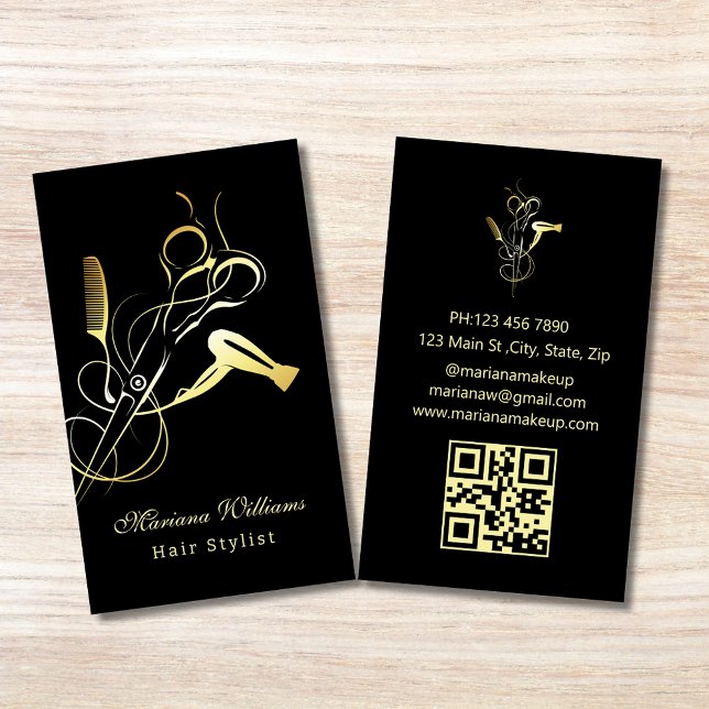 hair stylist gold stylish Scissor qr code black Business Card (Creator Uploaded)