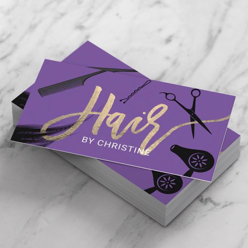 Hair Stylist Gold Typography Beauty Salon Purple Business Card