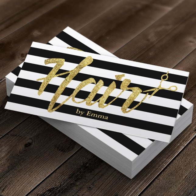 Hair Stylist Gold Typography Black White Stripes Business Card (Creator Uploaded)