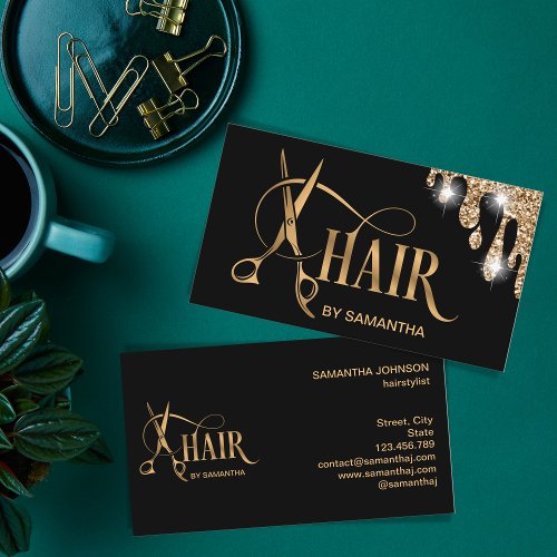 Hair stylist gold typography hair scissors business card