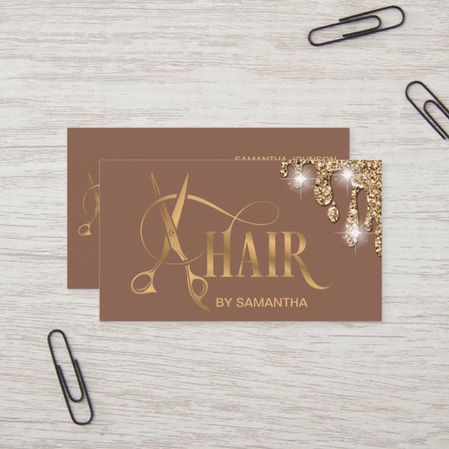 Hair stylist gold typography hair scissors business card (Front/Back In Situ)