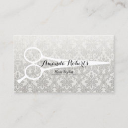 Hair Stylist Gray Damask Elegant Linen &amp; Scissor Business Card