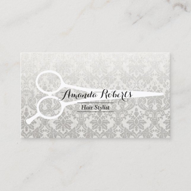 Hair Stylist Gray Damask Elegant Linen & Scissor Business Card (Front)