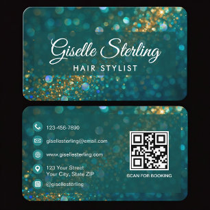 Hair Stylist Green Gold QR Code Professional Business Card