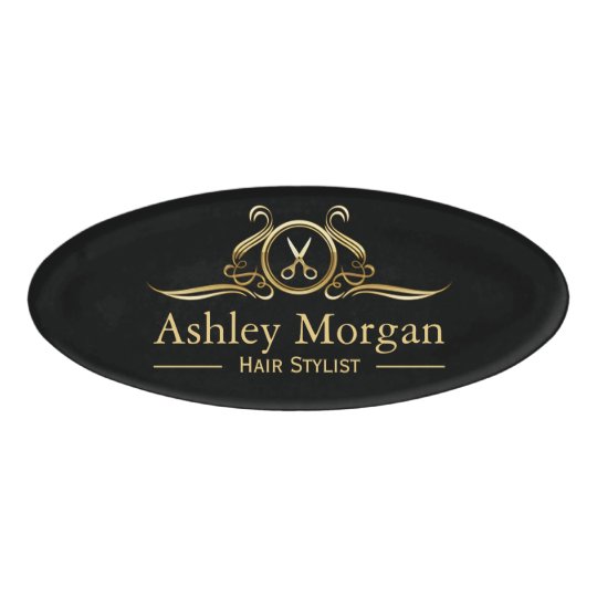 Hair Stylist Hair Cut Luxury Gold Scissors Logo Name Tag Zazzle Com