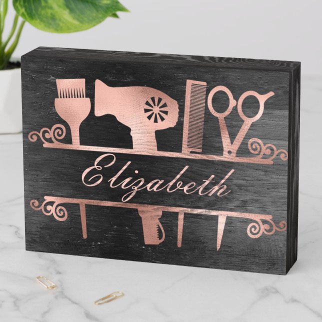 Hair stylist Hair Salon Monogram Rose Gold  Wooden Box Sign (In Situ Horizontal)