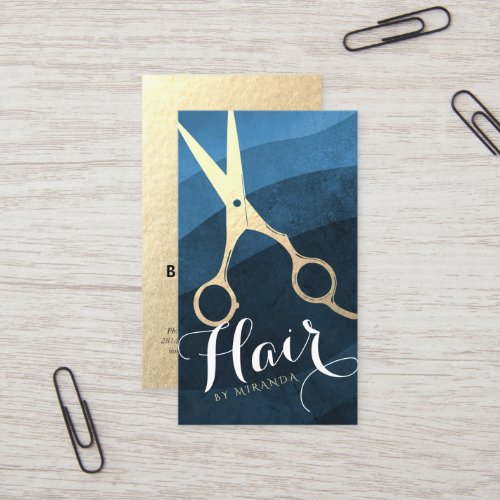 Hair Stylist Hairdresser Beauty Blue Gold Scissors Business Card