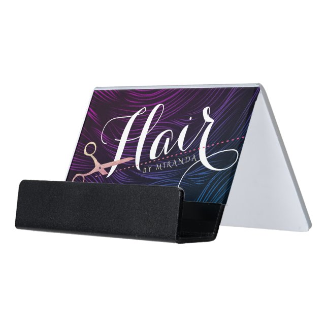 Hair Stylist Hairdresser Beauty Rose Gold Scissors Desk Business Card Holder (Angled Front)