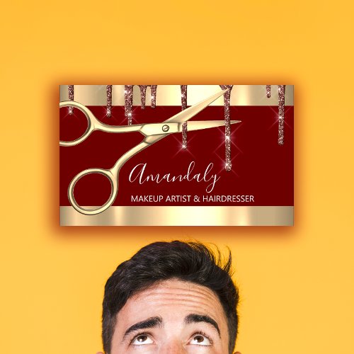 Hair Stylist Hairdresser Golden Scissors Burgundy Business Card
