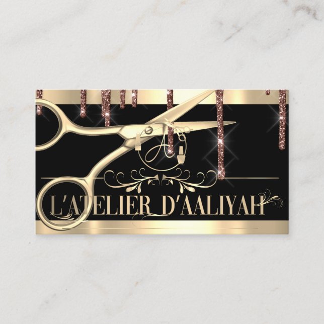 Hair Stylist Hairdresser Golden Scissors Logo Business Card (Front)
