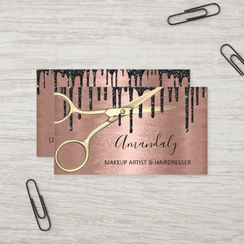 Hair Stylist Hairdresser Rose Gold Scissors Drips Business Card