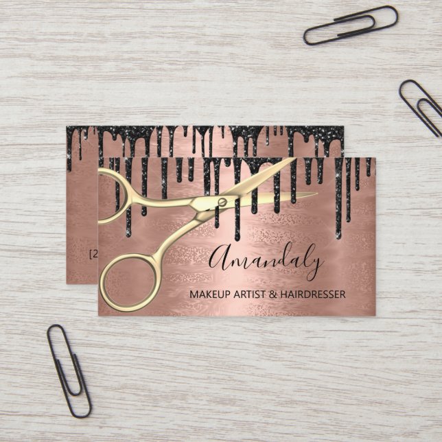 Hair Stylist Hairdresser Rose Gold Scissors Drips Business Card (Front/Back In Situ)