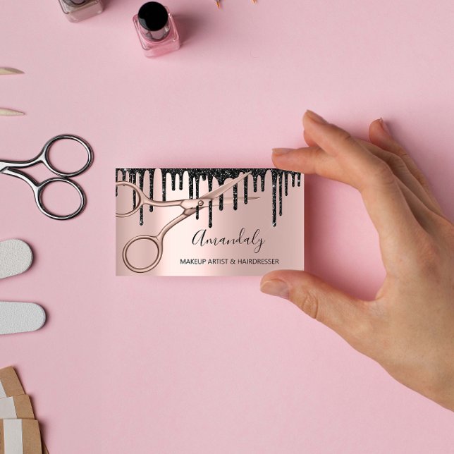 Hair Stylist Hairdresser Rose Scissors Drips Black Business Card (Creator Uploaded)