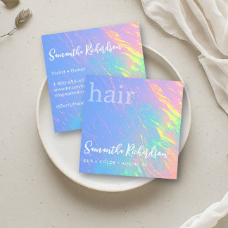 Hair Stylist Hairdresser Salon Holographic Blue Square Business Card
