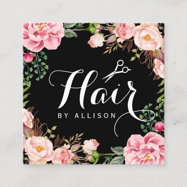 Hair Stylist Hairdresser Scissors Floral Wrapping Square Business Card (Front)
