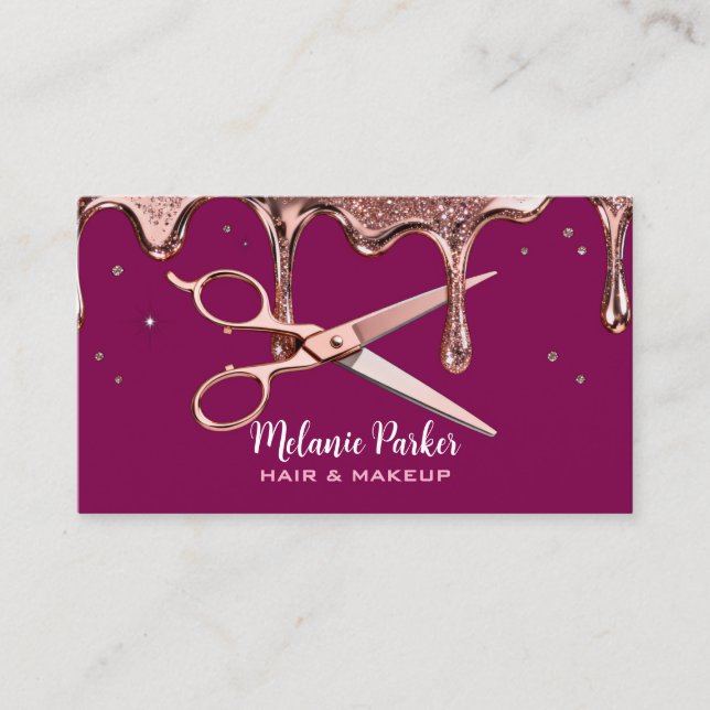 Hair Stylist Hairdresser Scissors Rose Drips Black Business Card (Front)