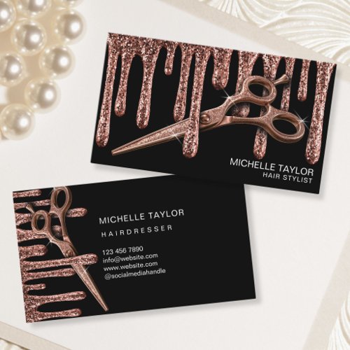 Hair Stylist Hairdresser Scissors Rose Drips Black Business Card