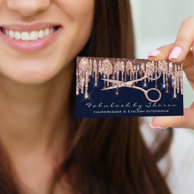 Hair Stylist Hairdresser Scissors Rose Drips Navy Business Card (Hair Stylist Hairdresser Scissors Rose Drips Navy Business Card)