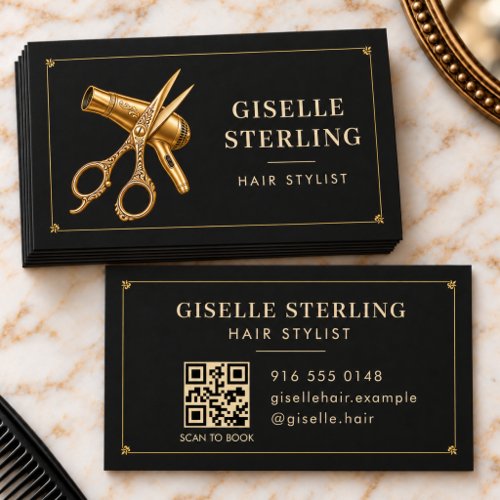Hair Stylist Hairdryer Scissors QR Code Black Business Card