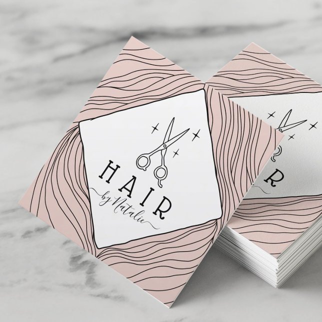Hair Stylist Hand Drawn Scissor Logo Blush Pink Square Business Card (Creator Uploaded)