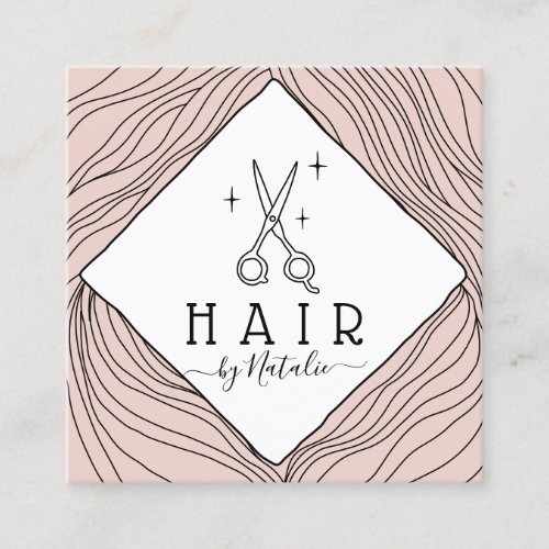 Hair Stylist Hand Drawn Scissor Logo Blush Pink Square Business Card