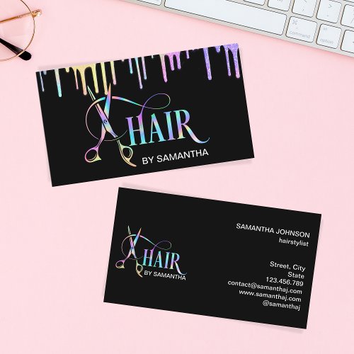 Hair stylist holograph typography hair scissors business card