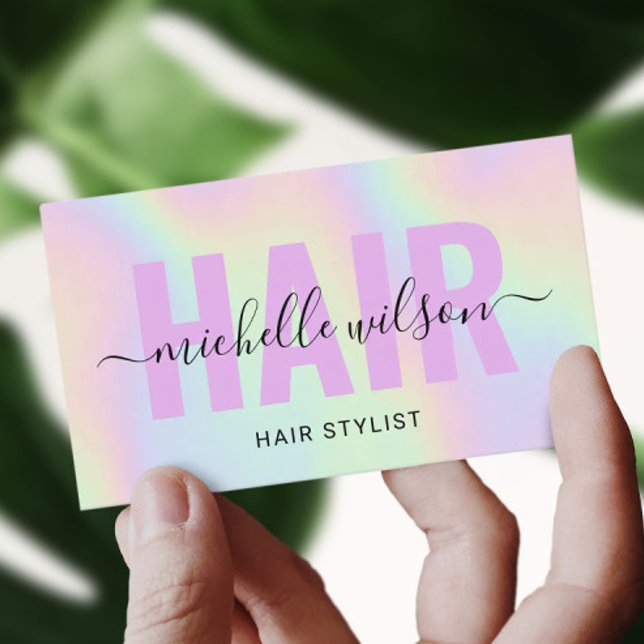 Hair Stylist Holographic Purple Typography Salon Business Card (Creator Uploaded)