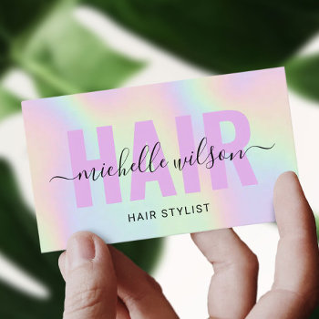 Hair Stylist Holographic Purple Typography Salon Business Card by BlackEyesDrawing at Zazzle
