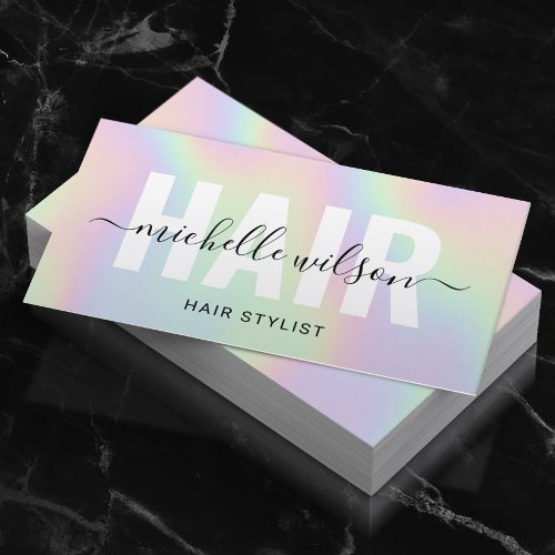 Hair Stylist Holographic Script Typography Salon  Business Card