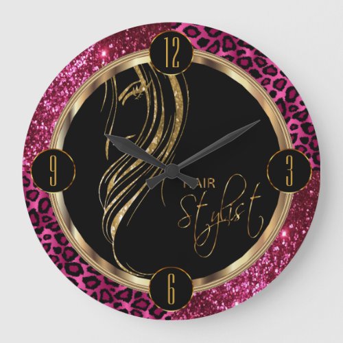 Hair Stylist Hot Pink Glitter and Leopard Print Large Clock