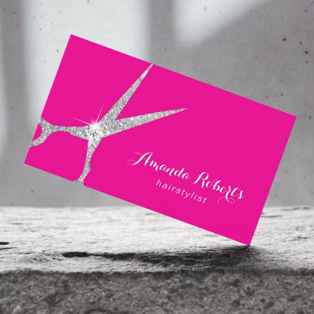 Hair Stylist Hot Pink Silver Glitter Scissor Salon Business Card (Creator Uploaded)
