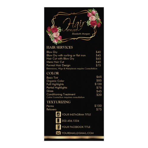 Hair Stylist in a Black  Red Floral_  Price List Rack Card