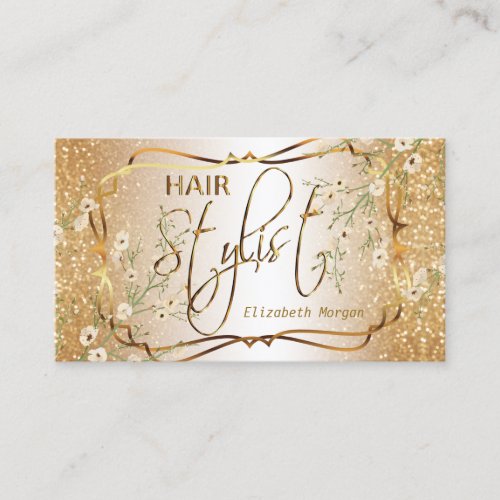 Hair Stylist in a Gold Glitter and Floral Business Card