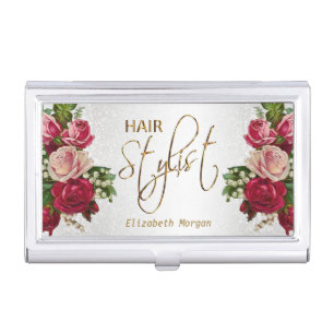 Hair Stylist in a White Glitter and Floral Business Card Case