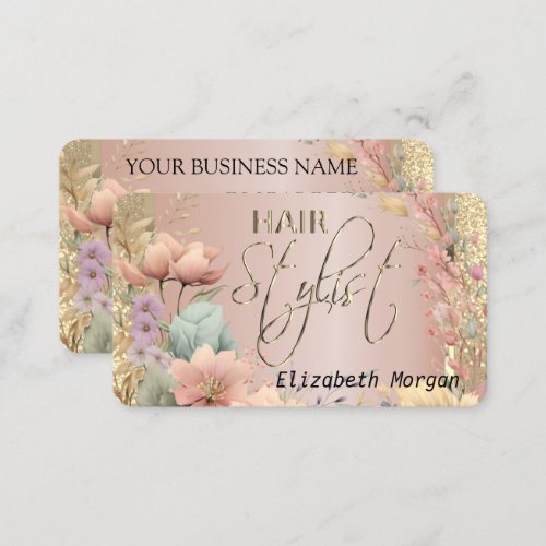 Hair Stylist in Floral and Rose Gold Business Card