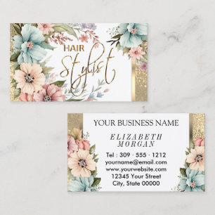 Hair Stylist in Pretty Floral and Glitter Business Card
