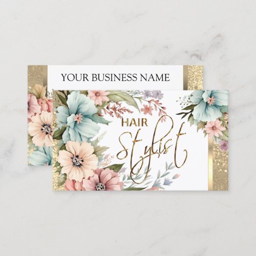 Hair Stylist in Pretty Floral and Glitter Business Card