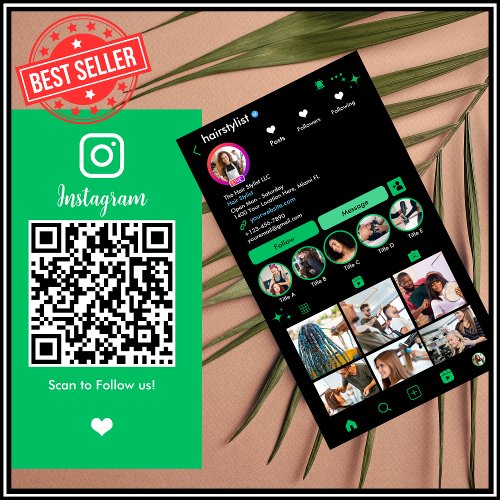 Hair Stylist Instagram Green  Scan to Connect QR Business Card