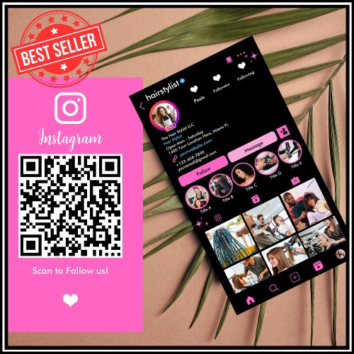 Hair Stylist Instagram Trendy Unique Chic QR Pink Business Card